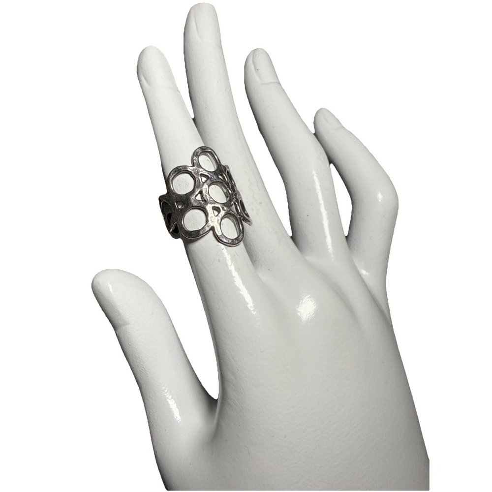 Vintage Silver Tone Hammered Texture Circles Ring J20-23